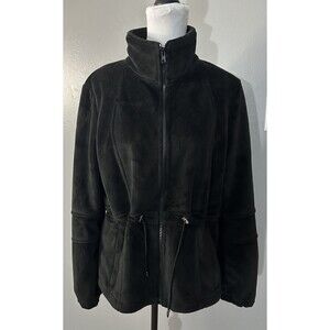 KRISTEN BLAKE Womens L Black Faux Fur Coat Collar Draw String Waist Jacket EUC